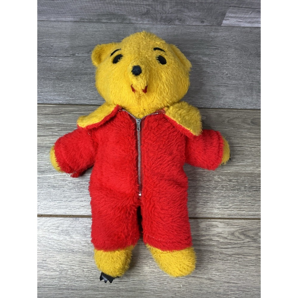 Vintage Plush Teddy Bear Yellow Red Zip Up Hooded Suit Small Fair Retro Toy